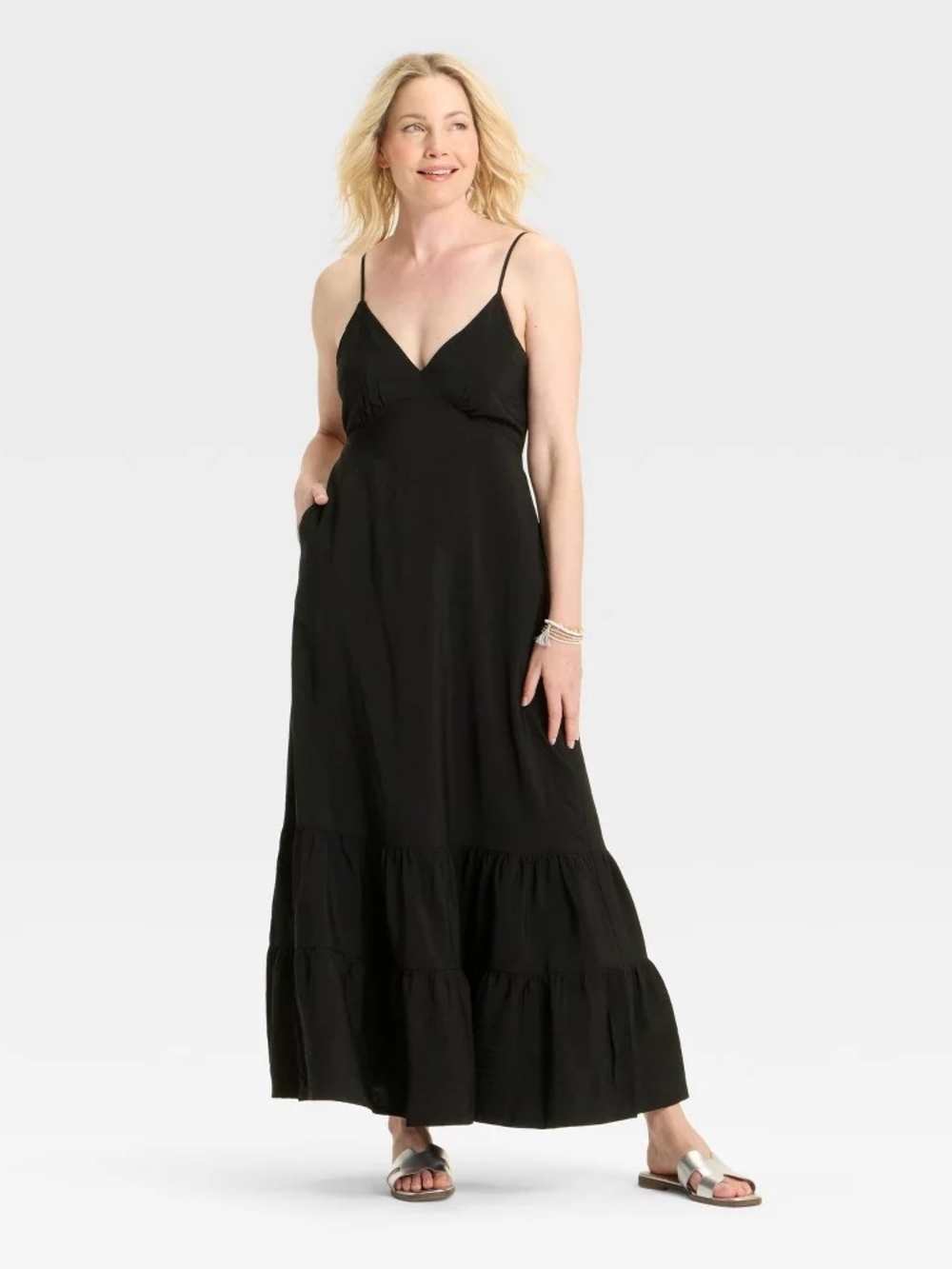 A New Day Black Maxi Slip Dress with Tiered Hem